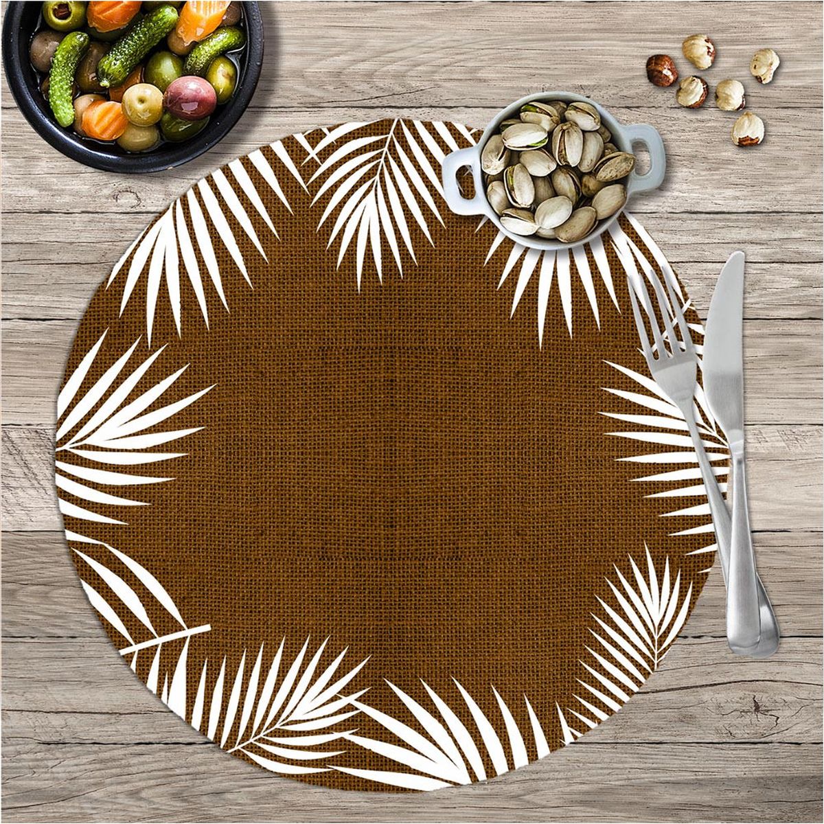 Set de table rond en Toile de jute - Feuilles Tropicales