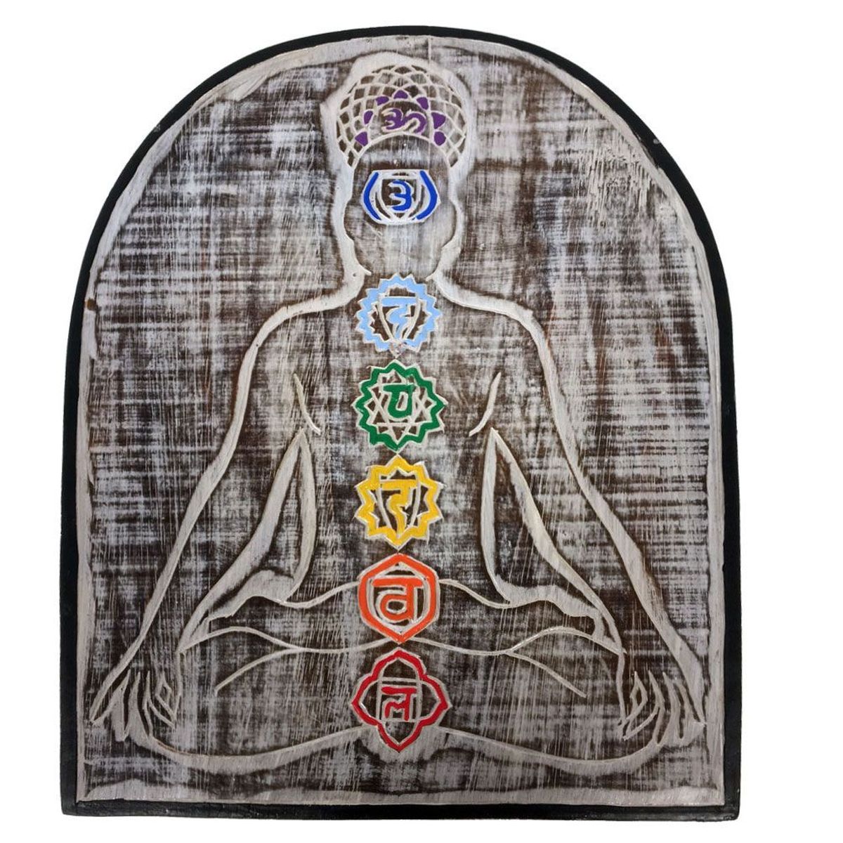 Plaque de bois Sukhasana Chakras forme Claveau patine blanc