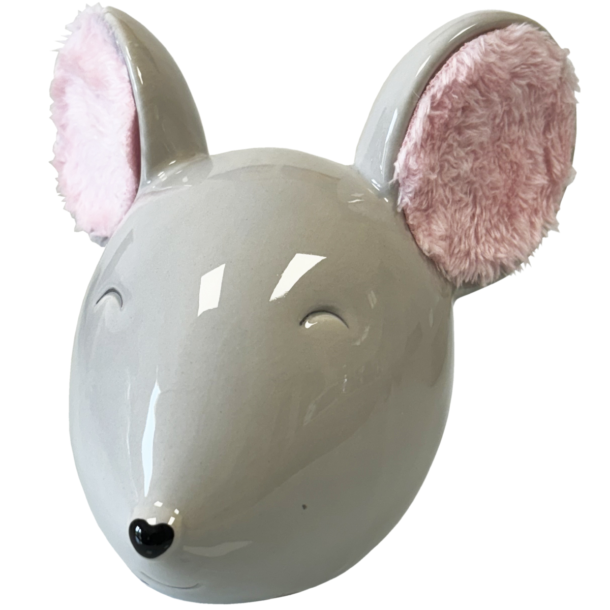 Tirelire tete de souris grise avec les oreilles en peluche 13 cm