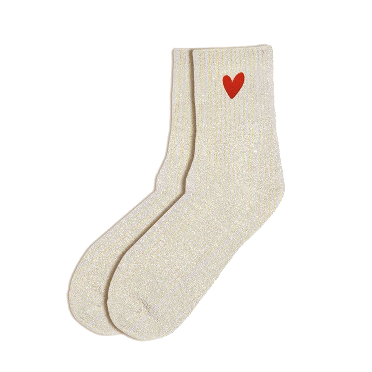 Paire de Chaussettes Pailletes petit coeur rouge - Beige et Or