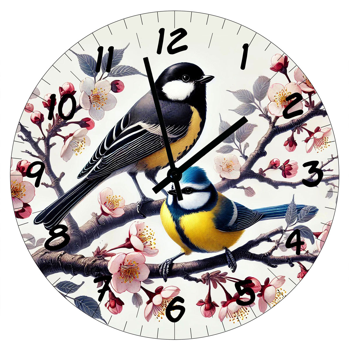 Horloge Ronde en verre oiseaux perchs sur cerisiers japonais