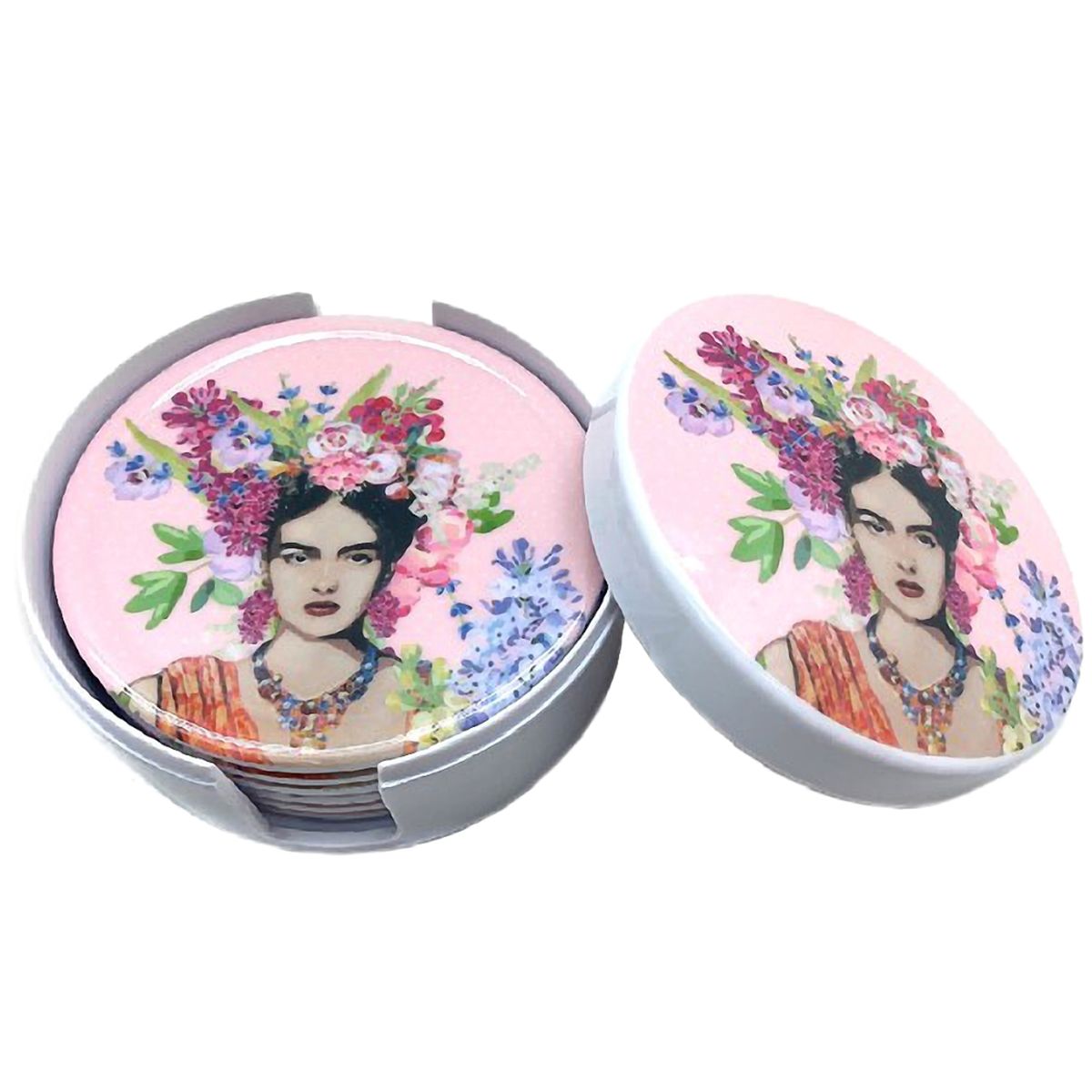 Boite et 6 dessous de verres Frida Khalo en mlamine - Rose