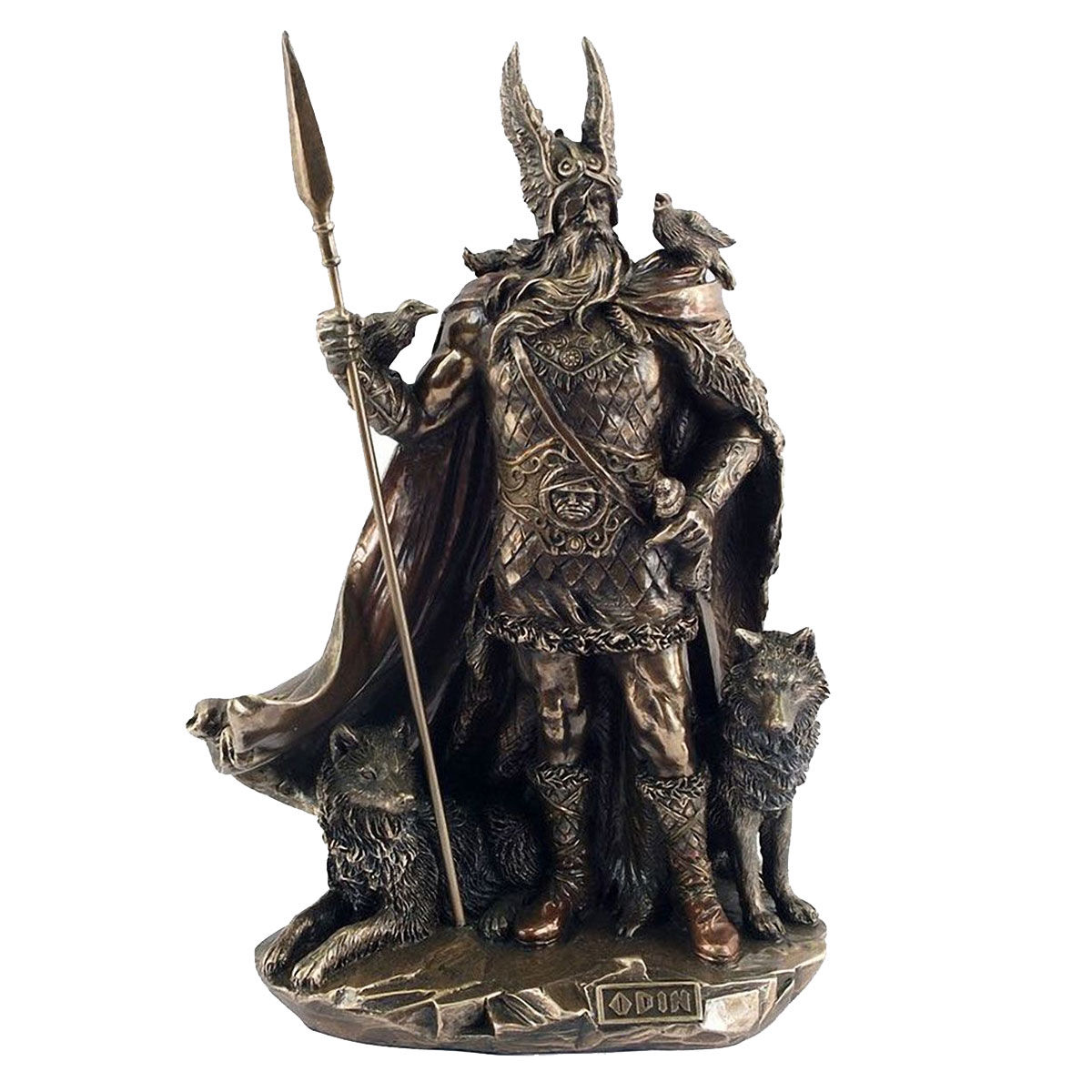 Figurine Odin et ses loups Geri et Freki en rsine aspect bronze