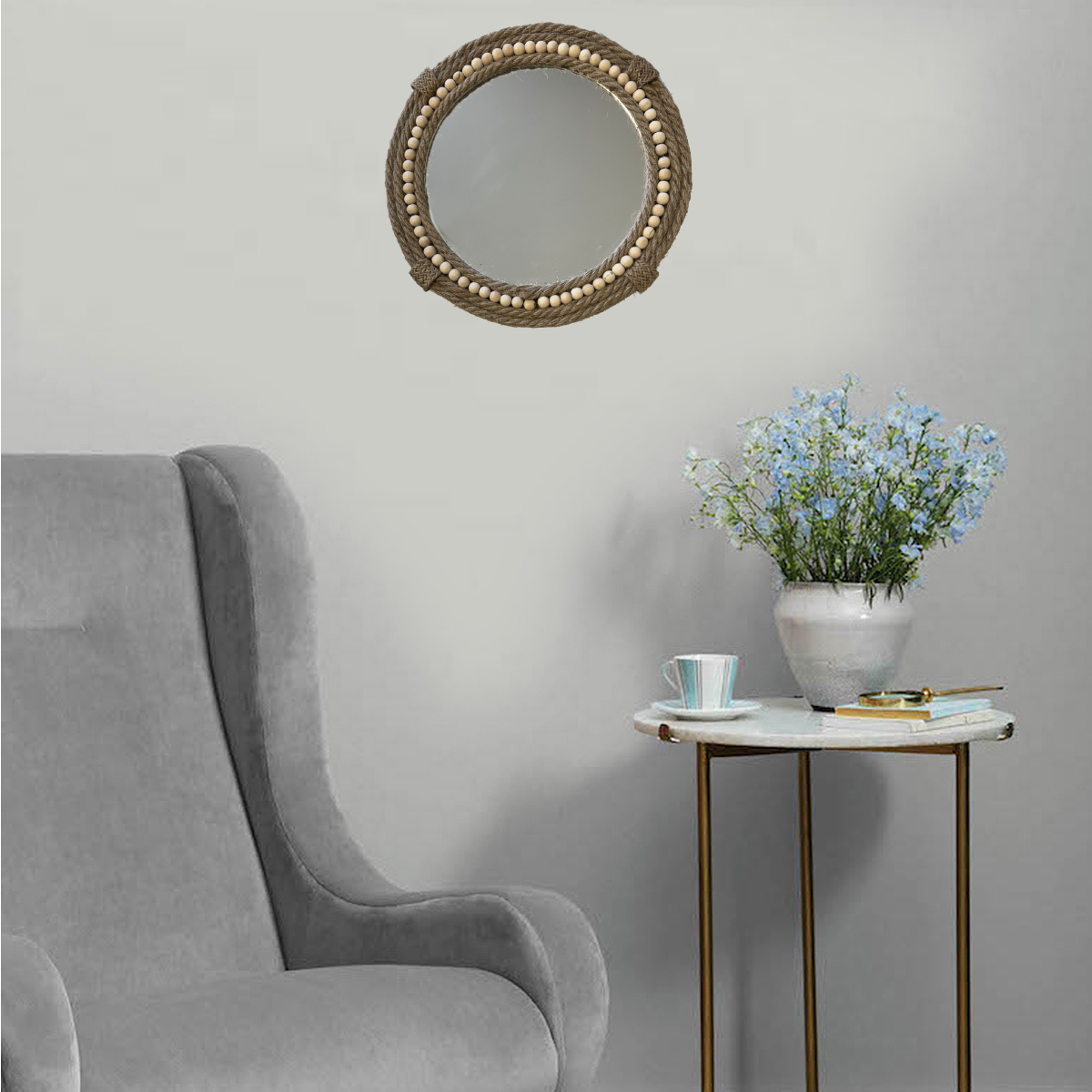 Miroir rond en jute tresse et perles de bois 30 cm