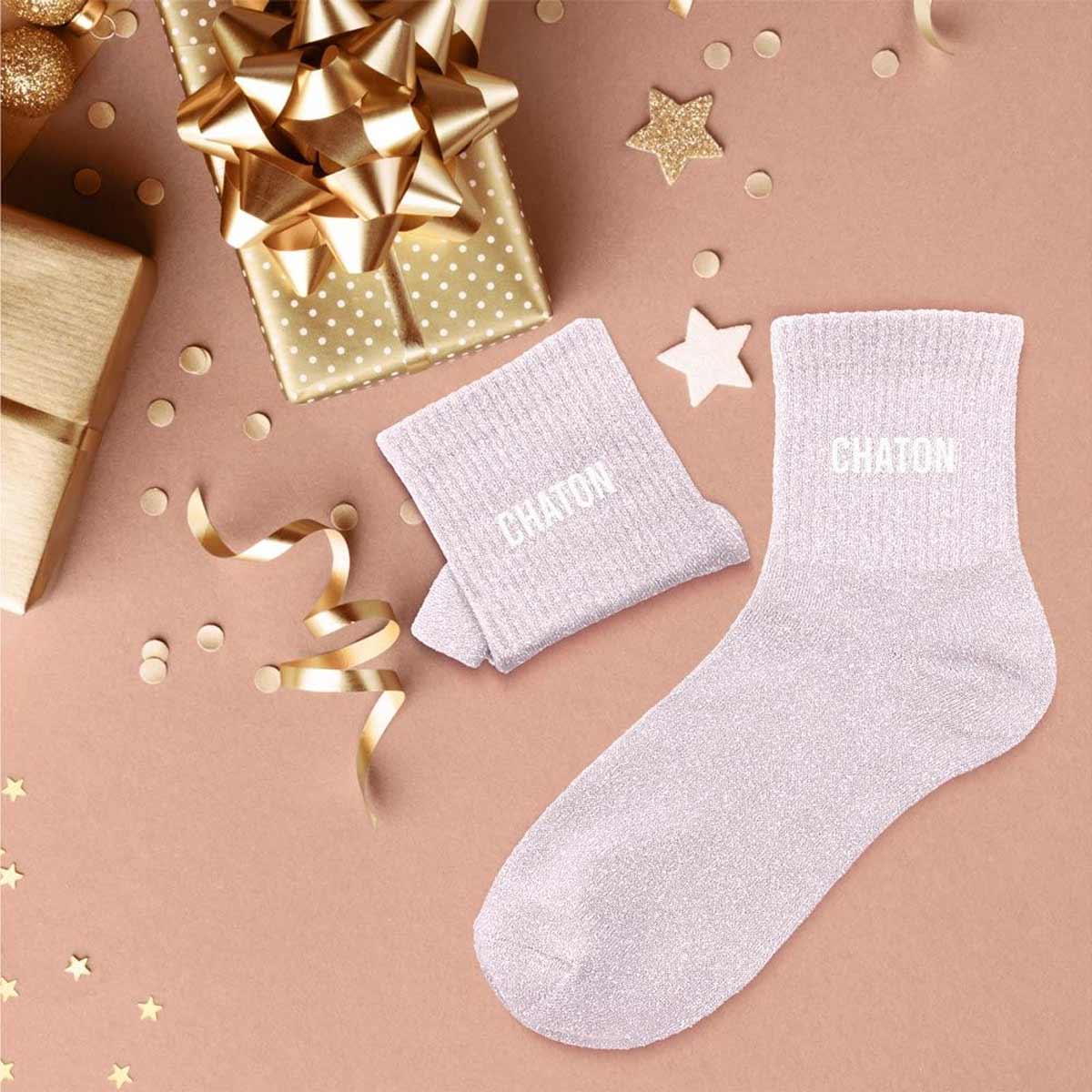 Paire de chaussettes Paillettes Chaton  rose pastel