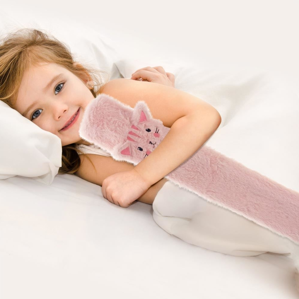 Bouillotte longue pour enfant en fourrure petit chat rose