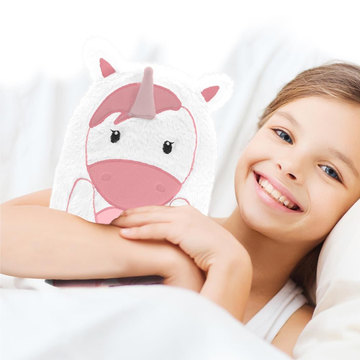 Bouillotte pour enfant Licorne en fourrure rose et blanche