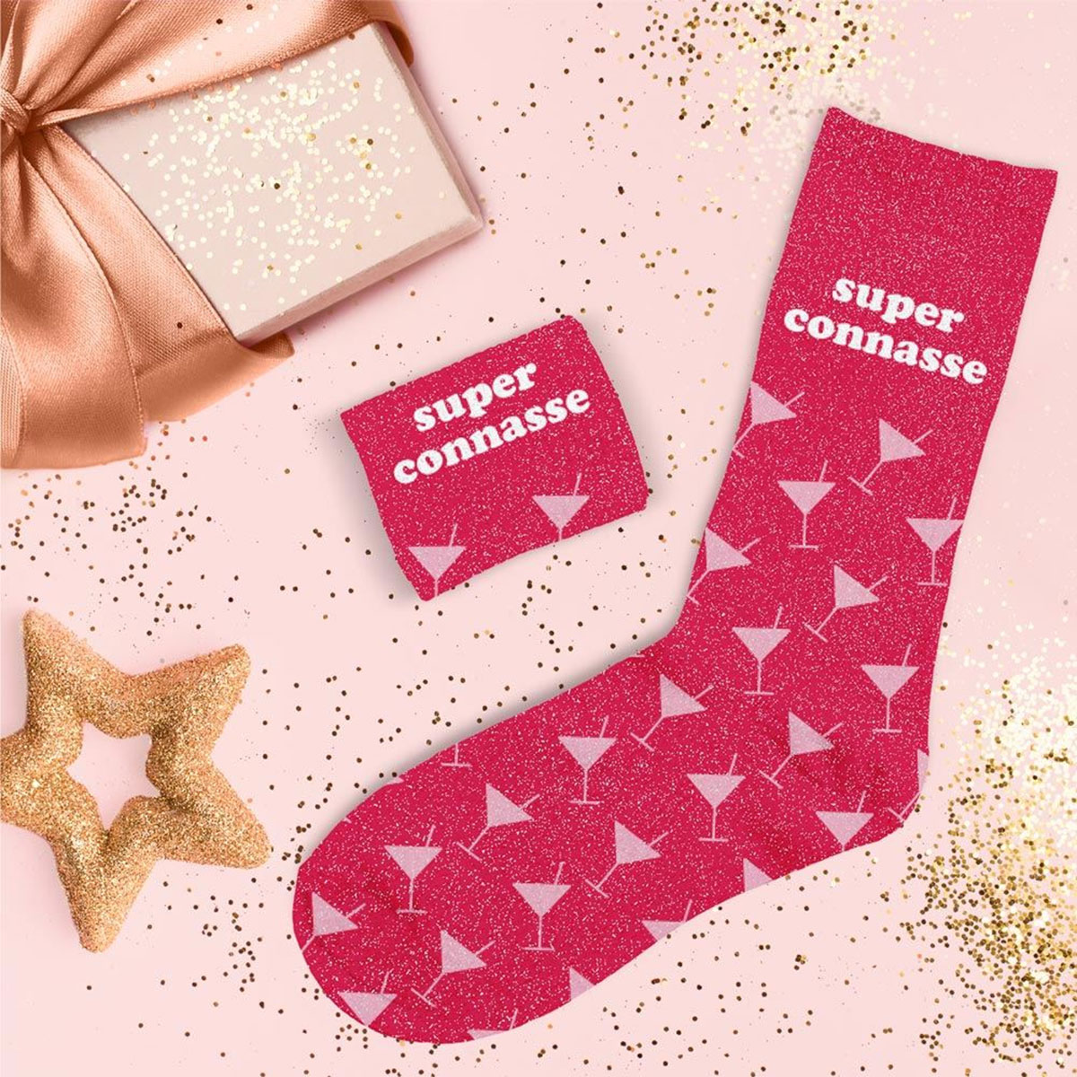 Paire de Chaussettes Super Connasse - Rose avec Motif Cocktail