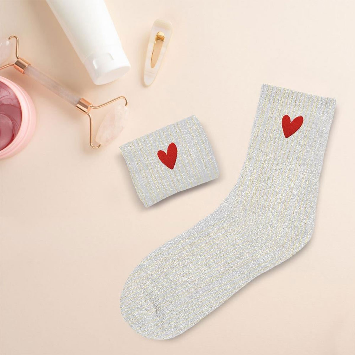 Paire de Chaussettes Pailletes petit coeur rouge - Beige et Or