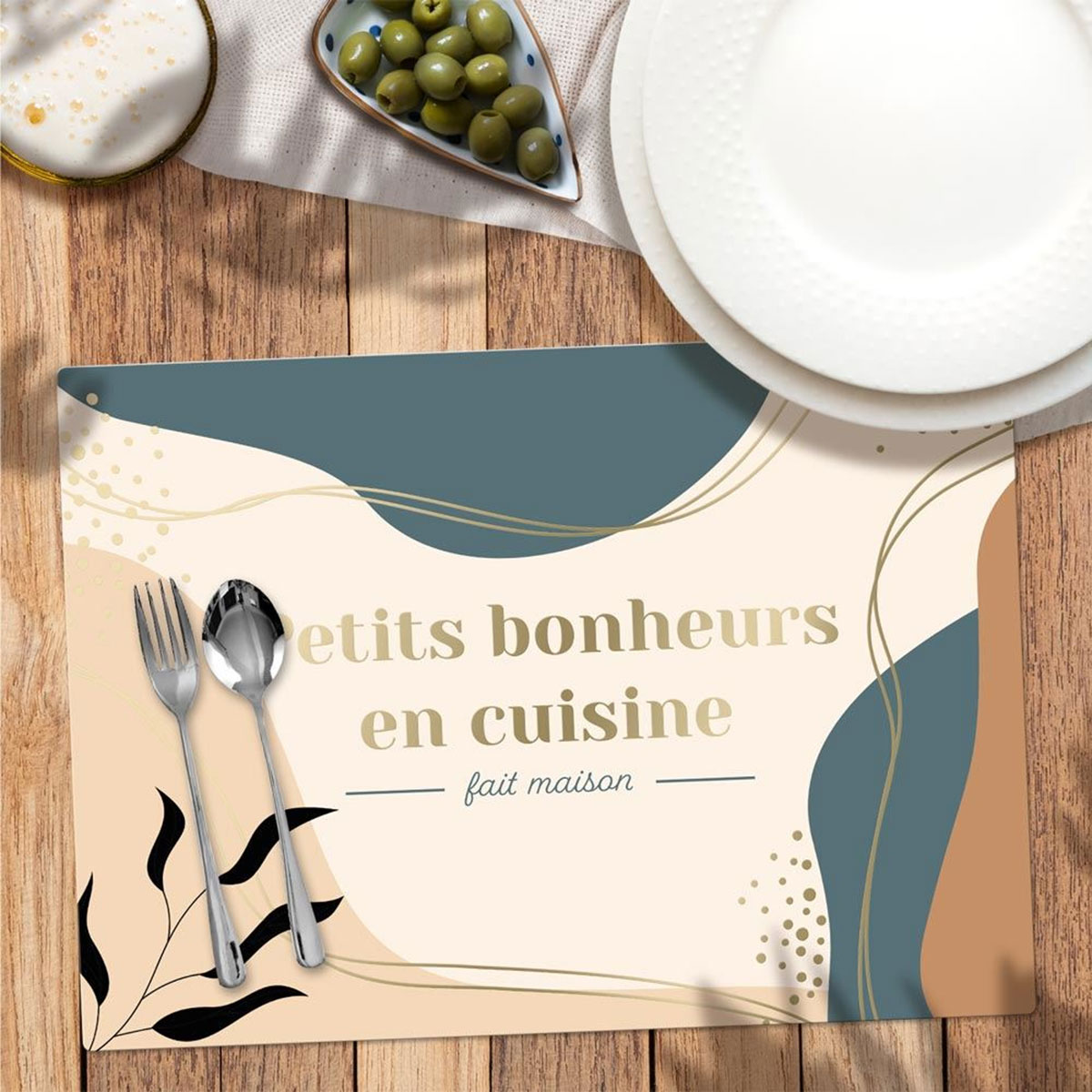 Set de table bonheur en cuisine - Inscription dore