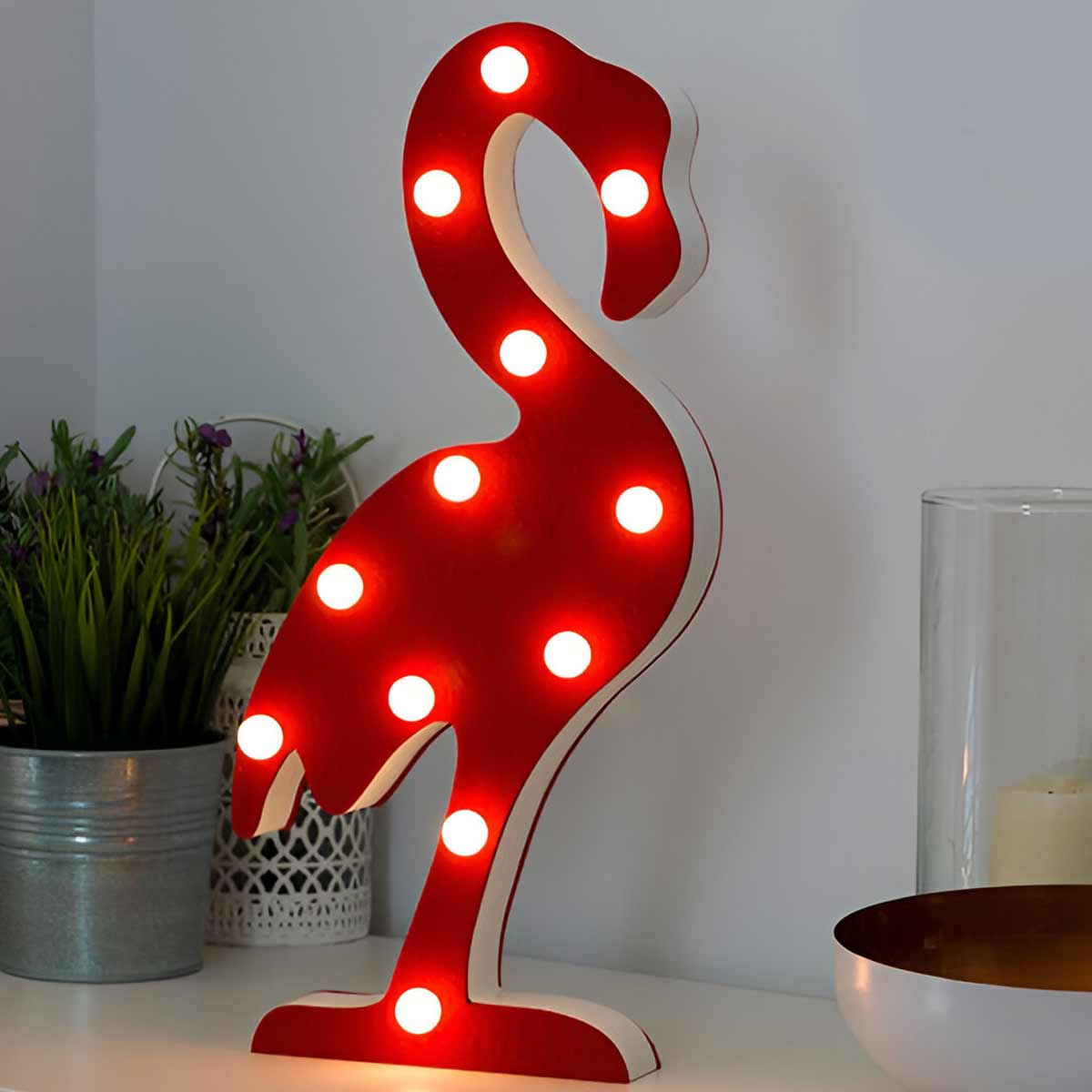 Flamant Rose Lumineux en bois 12  leds - 42 cm