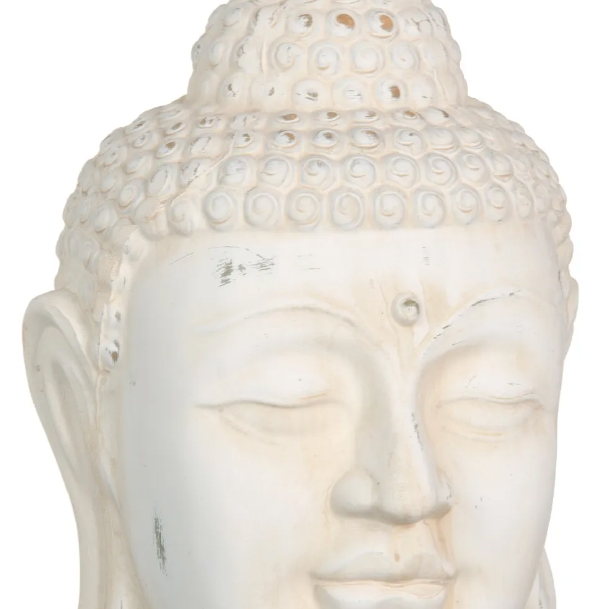 Figurine Tte de Bouddha en terre cuite blanc patin 32 cm