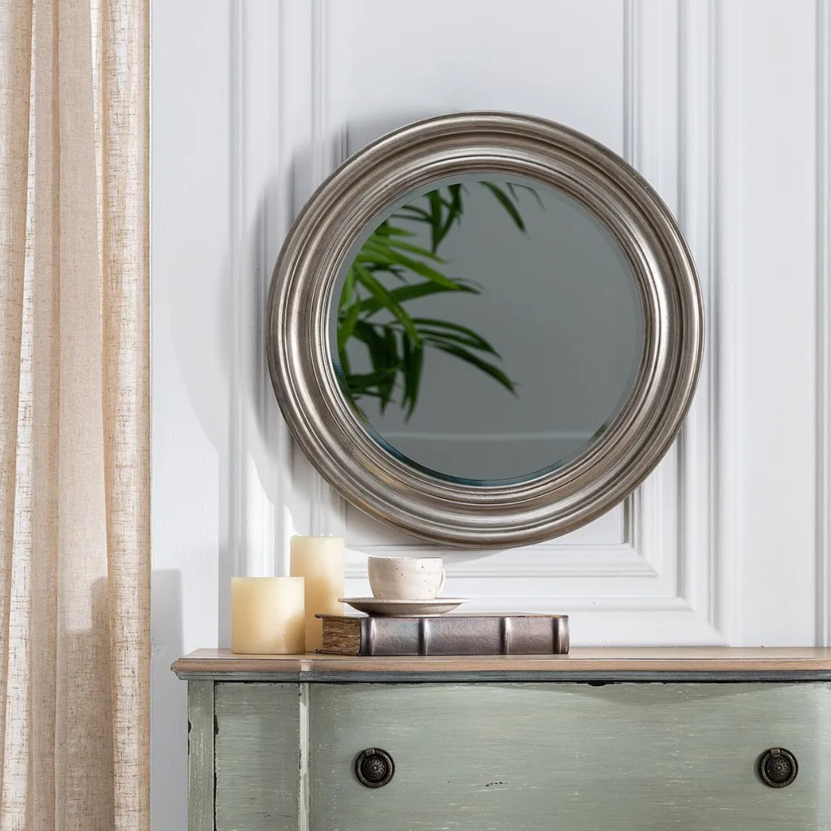 Miroir mural rond en bois de paulownia argent patin 53 cm