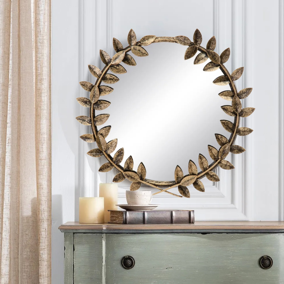 Miroir mural rond feuillage dor patin 45 cm