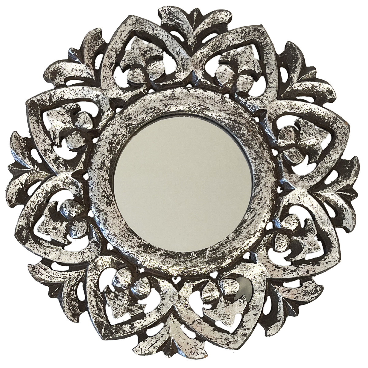 6 miroirs muraux rond en bois brun patin argent 30 cm