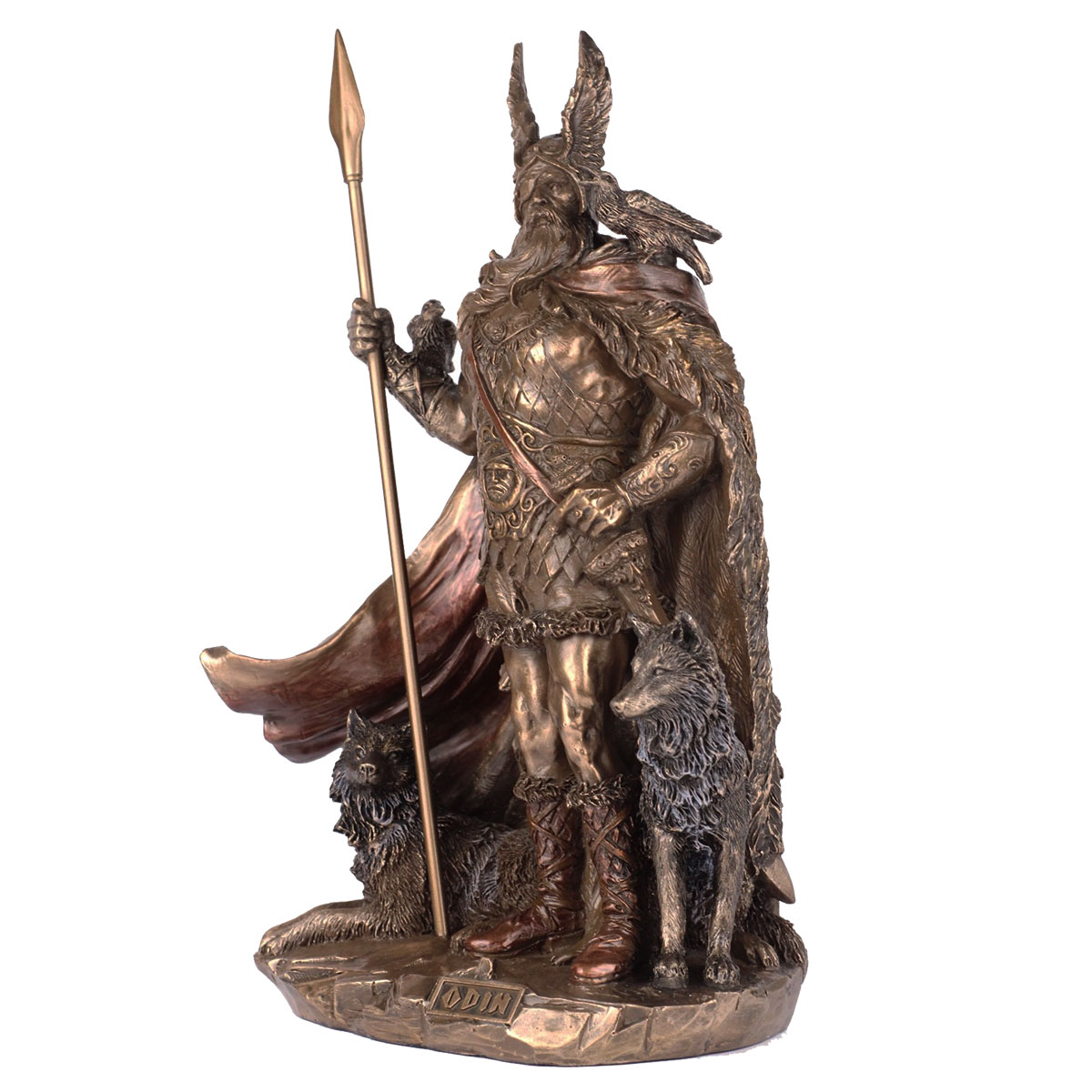 Figurine Odin et ses loups Geri et Freki en rsine aspect bronze