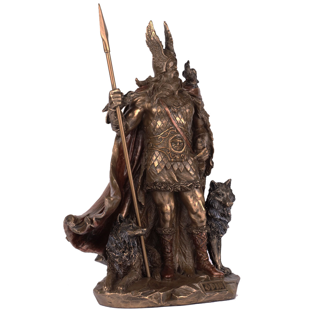 Figurine Odin et ses loups Geri et Freki en rsine aspect bronze