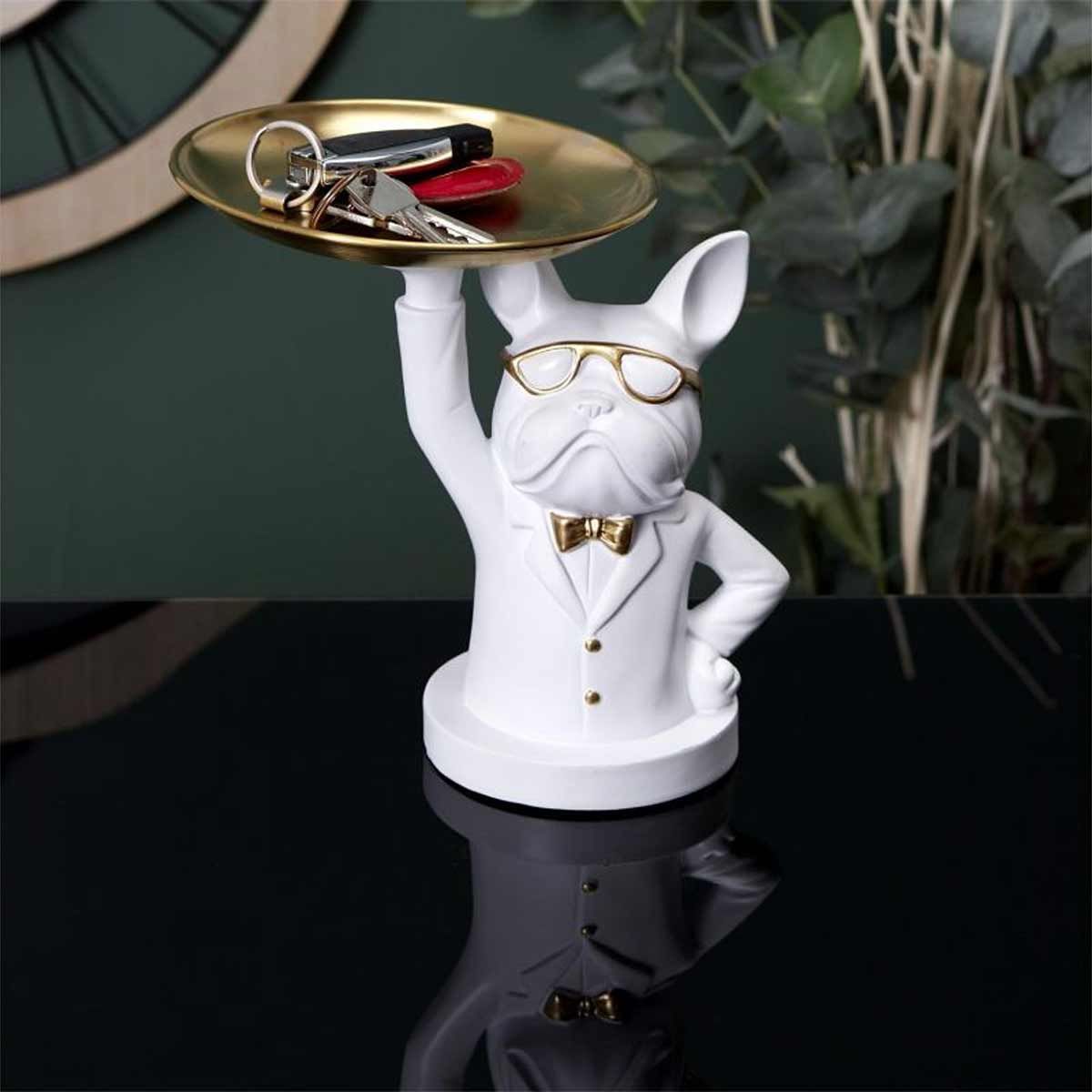 Figurine Bulldog majordome Blanc et Or en rsine 21 cm