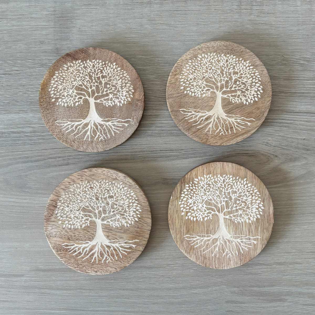 Ensemble de 4 dessous de verres ronds arbre de vie en bois grav