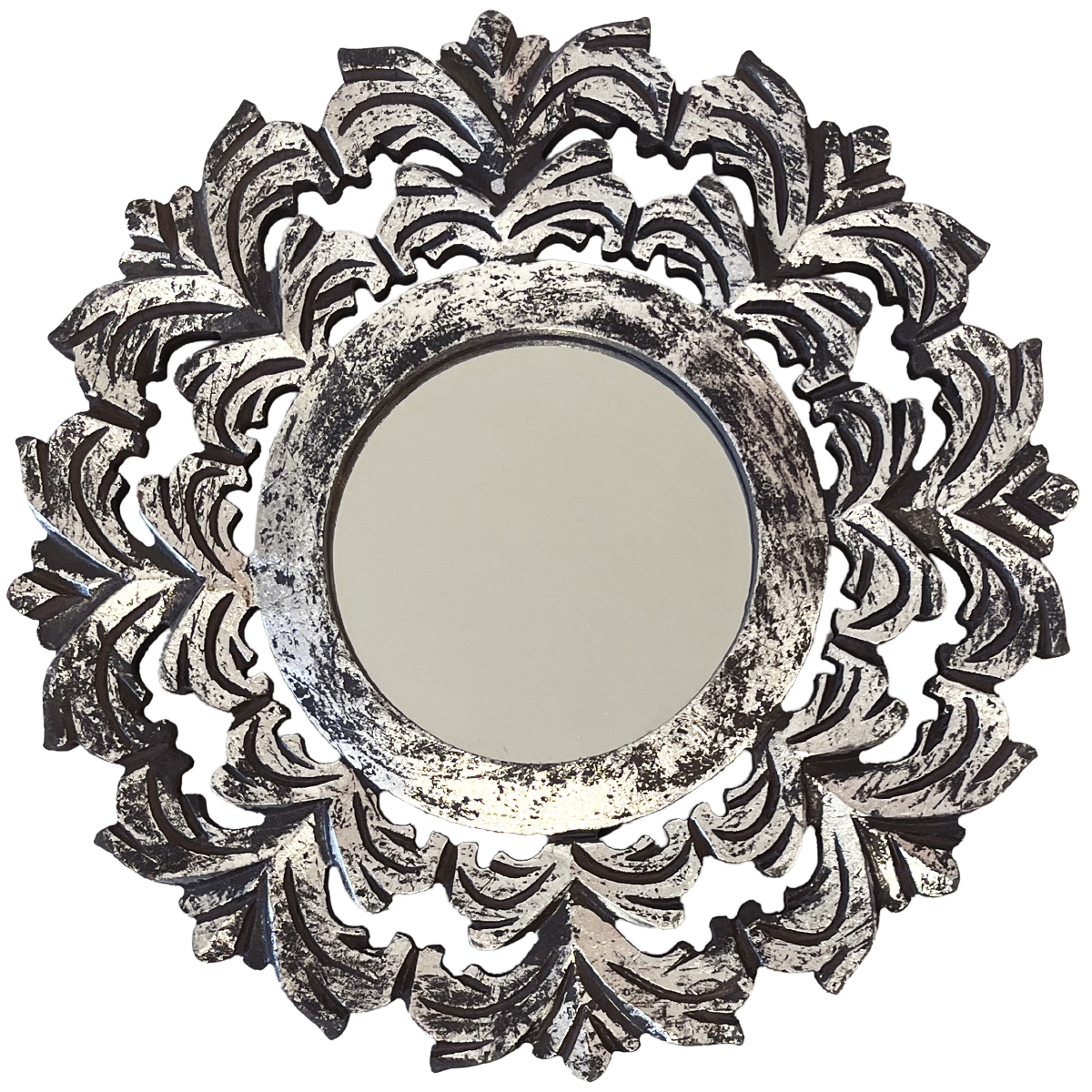 6 miroirs muraux rond en bois brun patin argent 30 cm