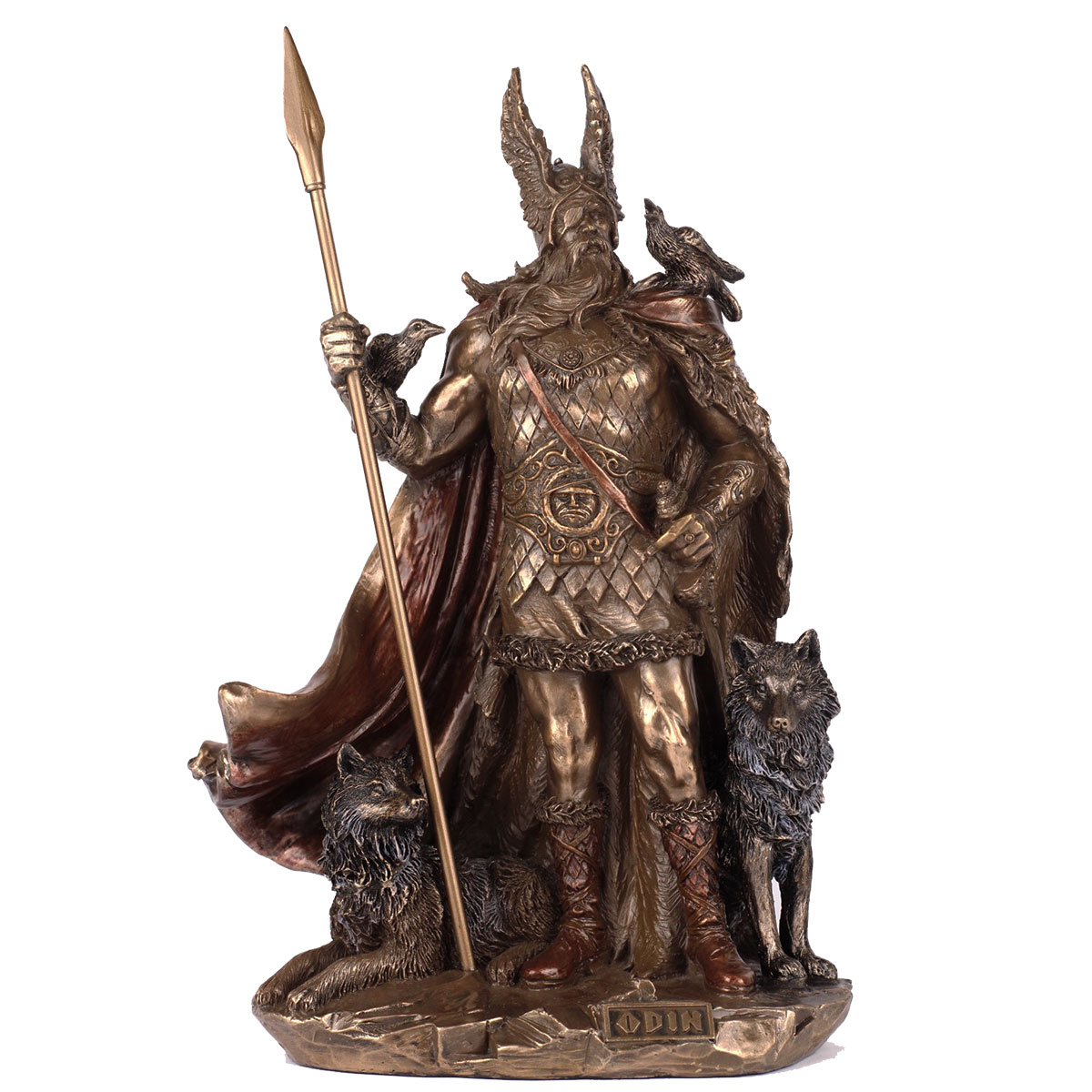 Figurine Odin et ses loups Geri et Freki en rsine aspect bronze