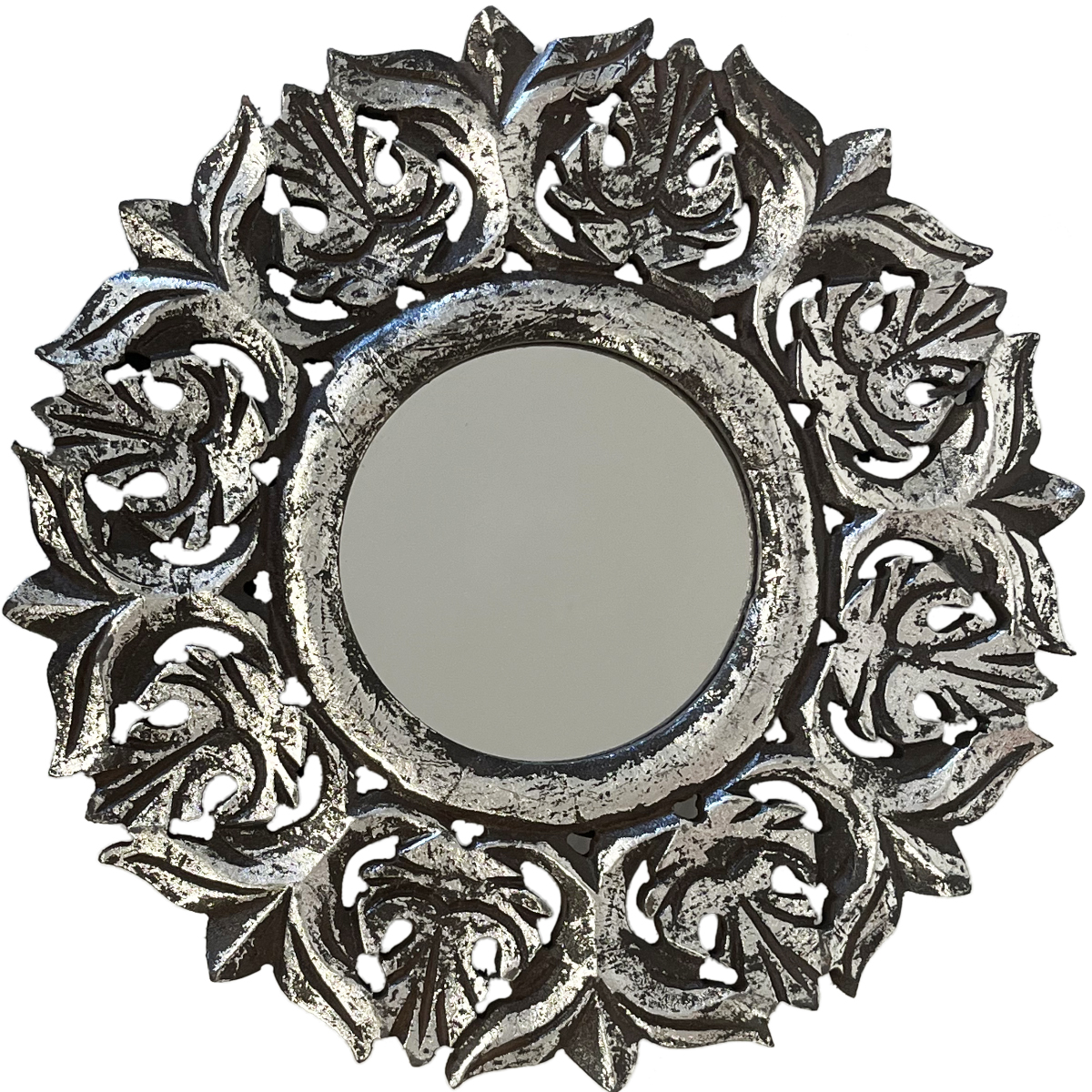 6 miroirs muraux rond en bois brun patin argent 30 cm