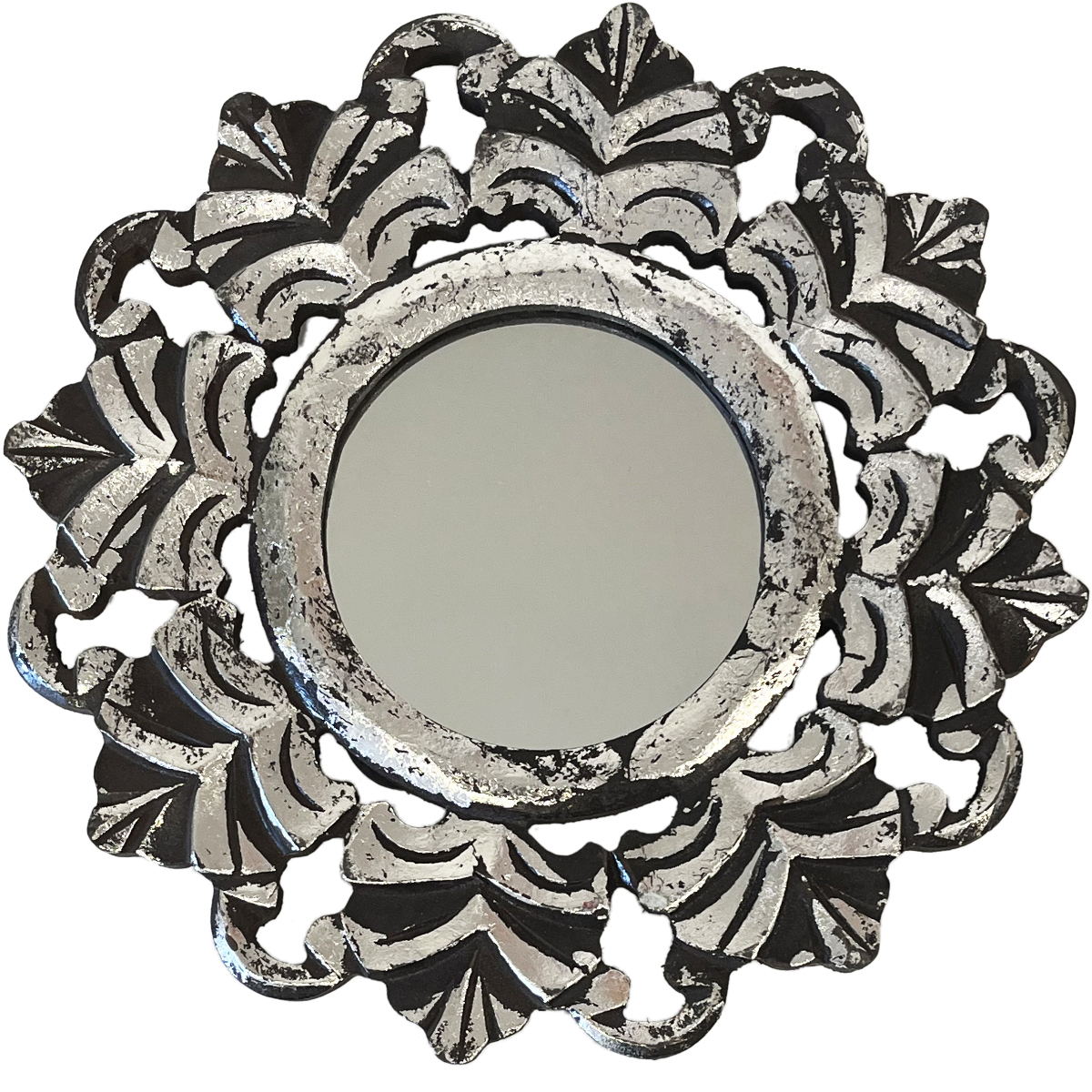 6 miroirs muraux rond en bois brun patin argent 30 cm